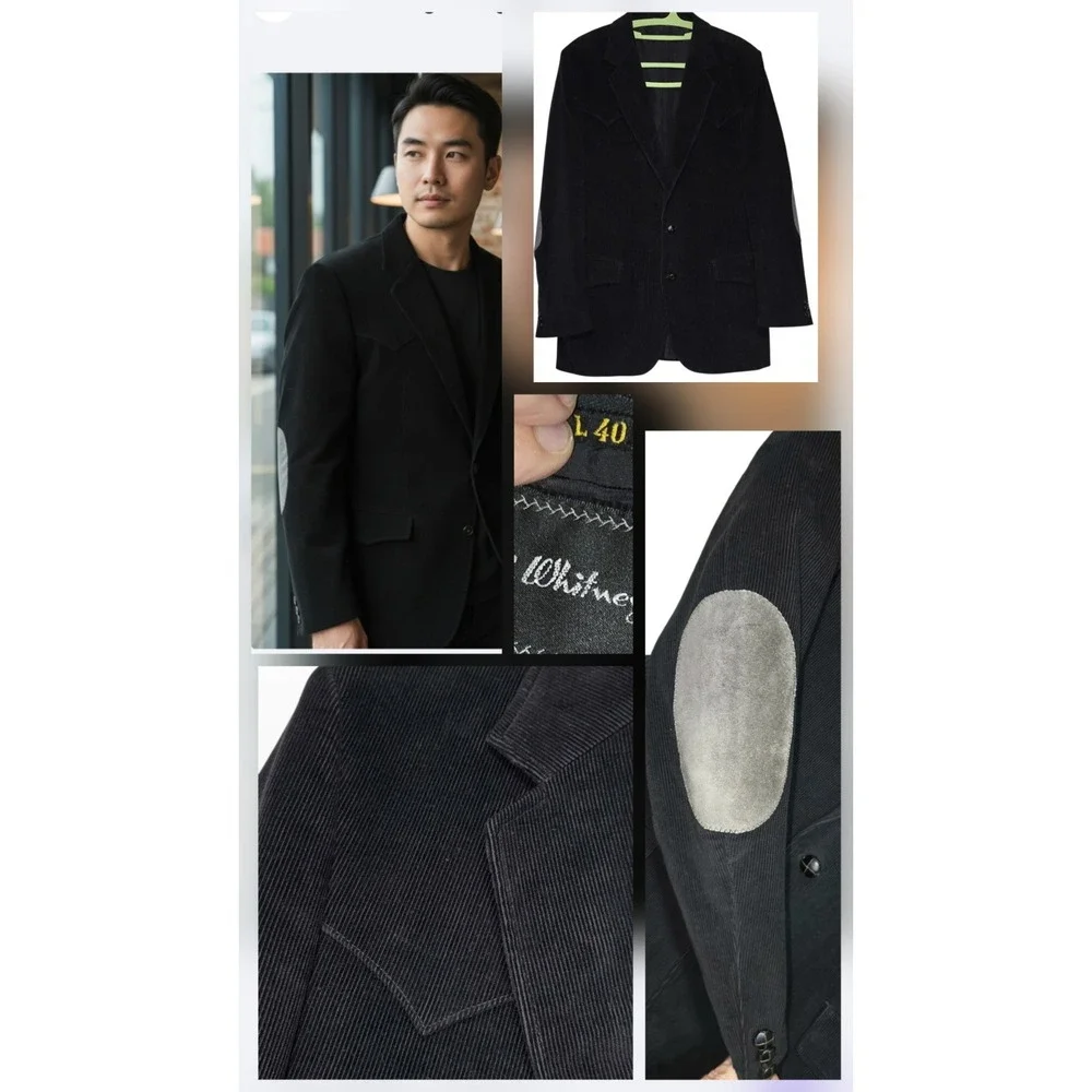 BRAD WHITNEY‎ Vintage Western Blazer Mens 40 Tall Black Corduroy Elbow Patch